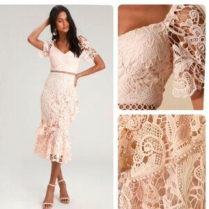 Lulus Briarwood Blush Pink Lace Ruffled Mermaid Dress With Short Puff Sleeves